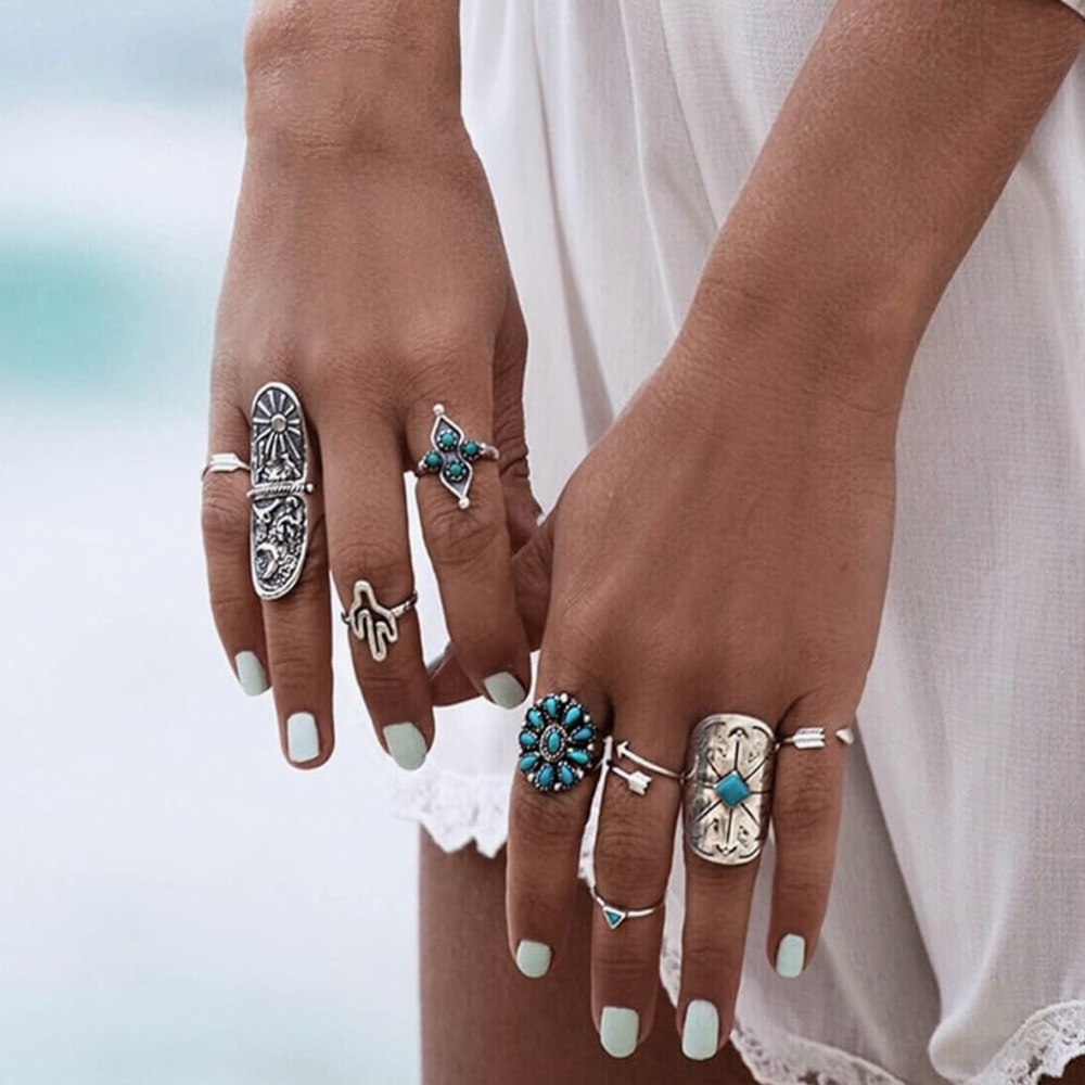 Turquoise and Silver Bohemian Ring Set - Picture 5 of 5